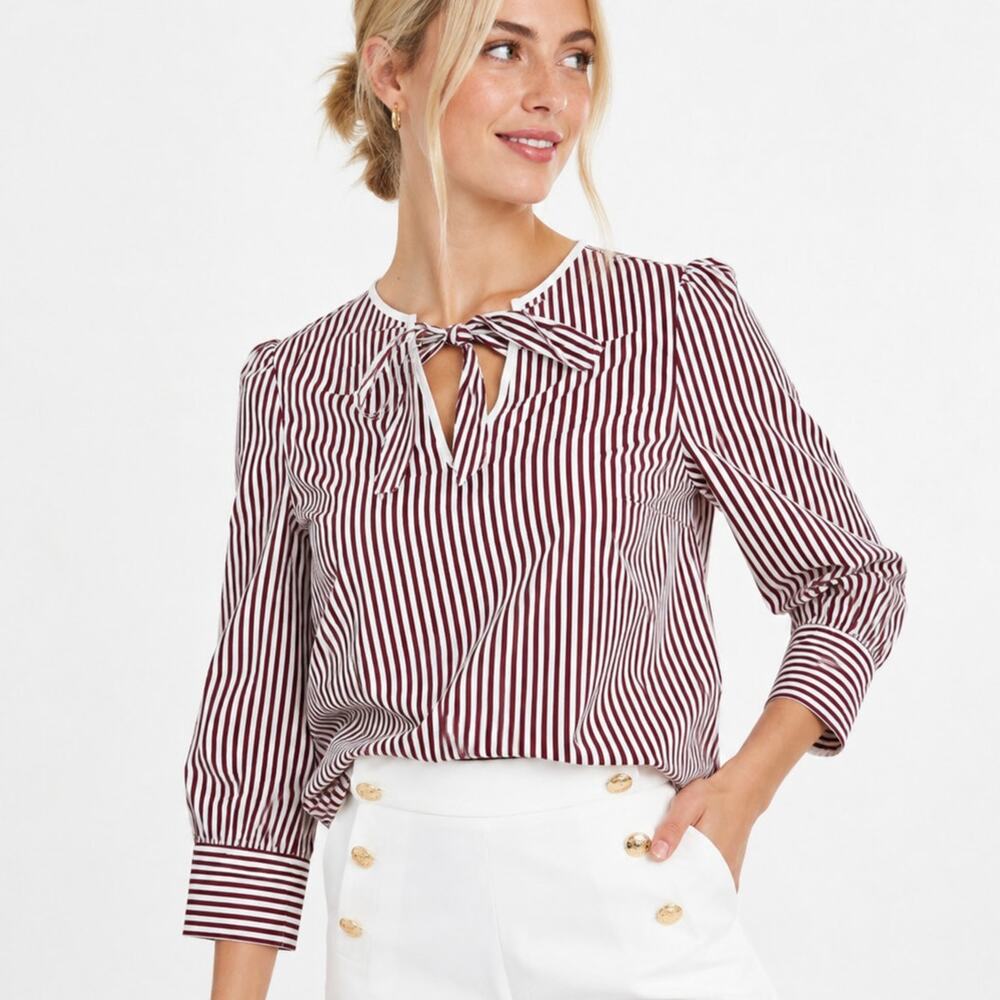 J. Crew Thomas Mason Bow-Neck Cotton Top Red Stripe AR837 Size XXS